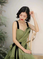 Green Satin Straps Long Party Dresses, Green Satin Formal Dresses Evening Dresses